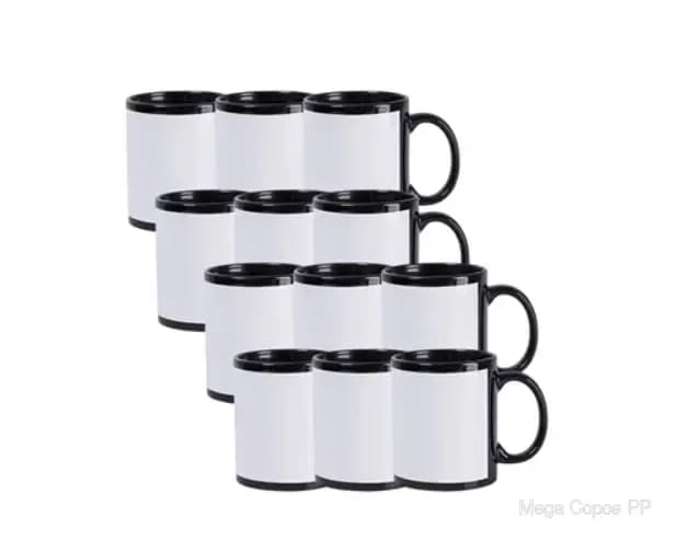 Canecas de Cerâmica Preta Com Tarja Branca 325ml | Mega Copos PP