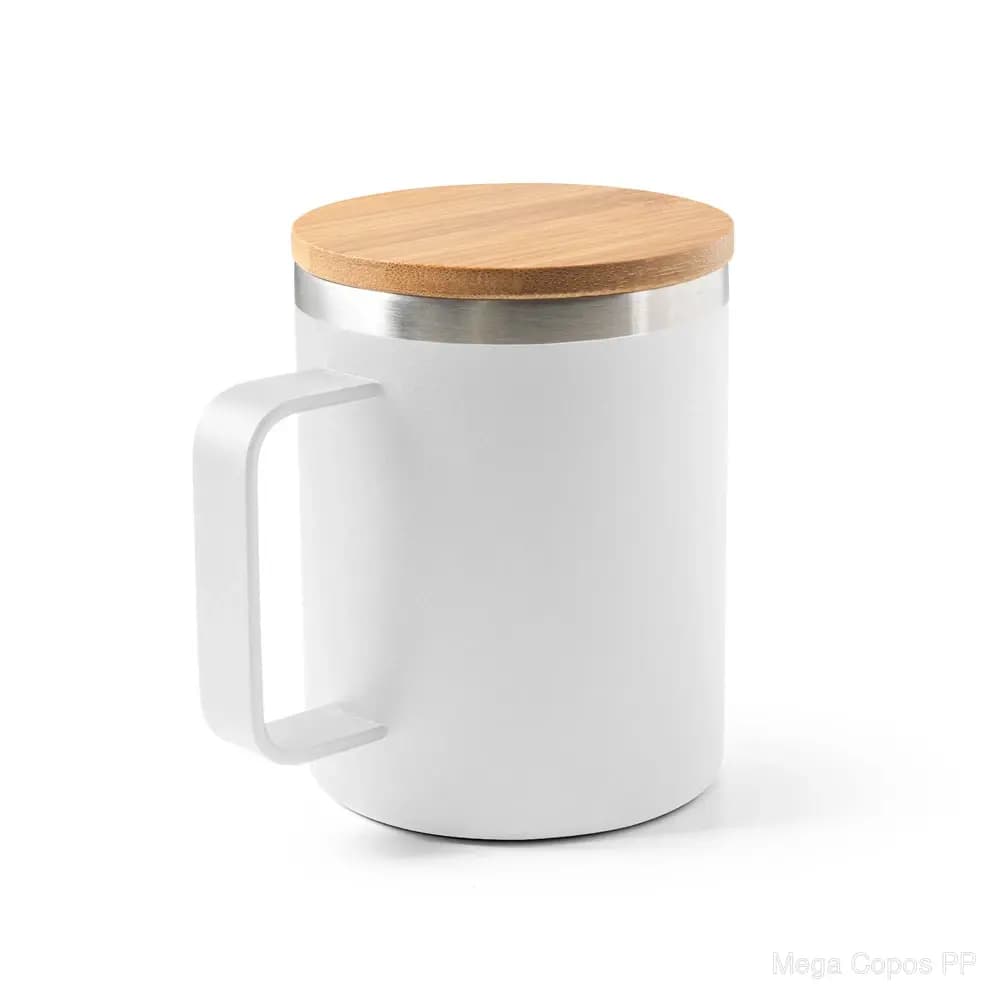 Copo de viagem em aço inox 90% reciclado, térmico com parede dupla isolada a vácuo e tampa em bambu 420 mL | Mega Copos PP