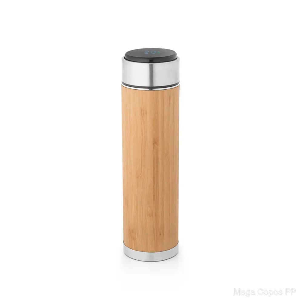 Garrafa em aço inox e bambu de parede dupla térmica, isolada a vácuo com termómetro digital 430 mL | Mega Copos PP