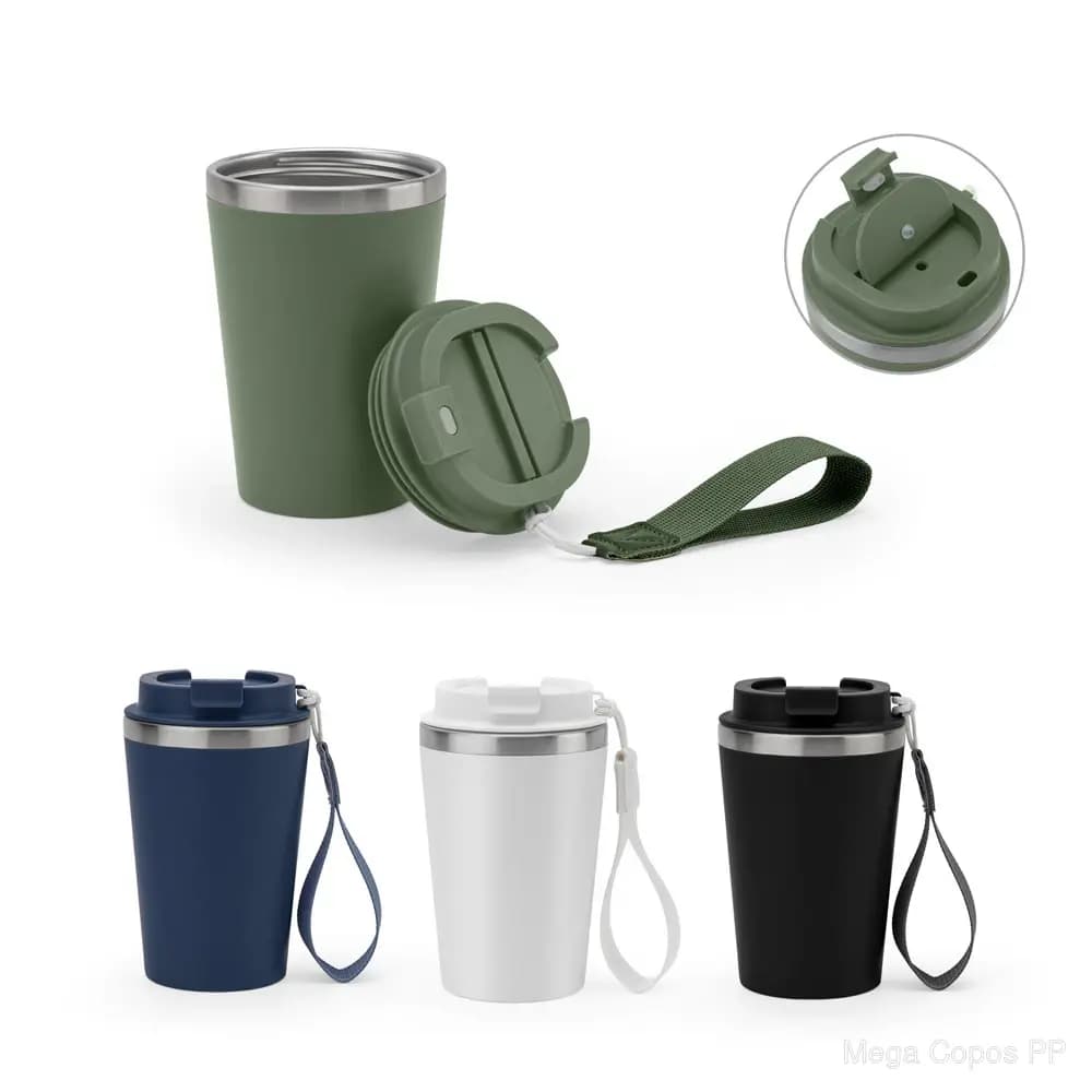 Copo de viagem em aço inox 90% reciclado com parede dupla e acabamento em mate 440 mL | Mega Copos PP