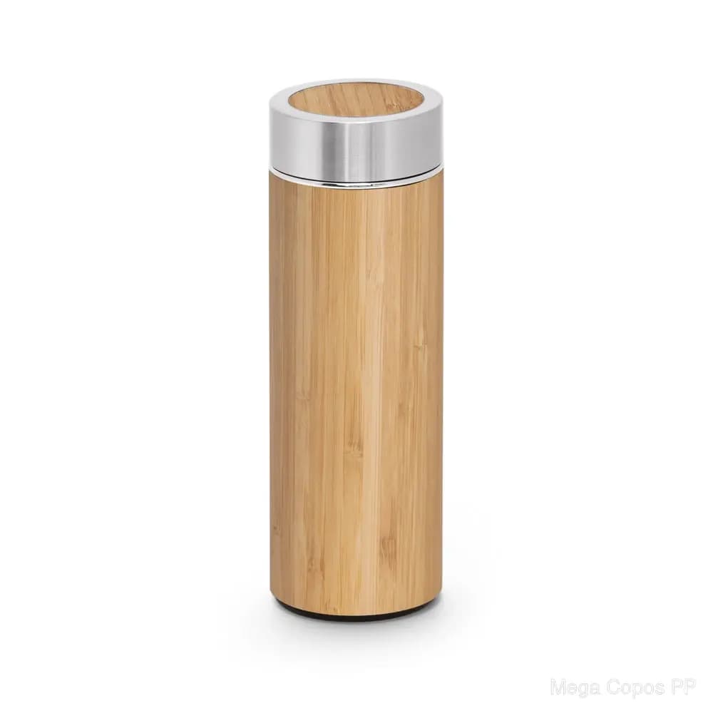 Garrafa em aço inox 90% reciclado e bambu de parede dupla térmica, isolada a vácuo 430 mL | Mega Copos PP