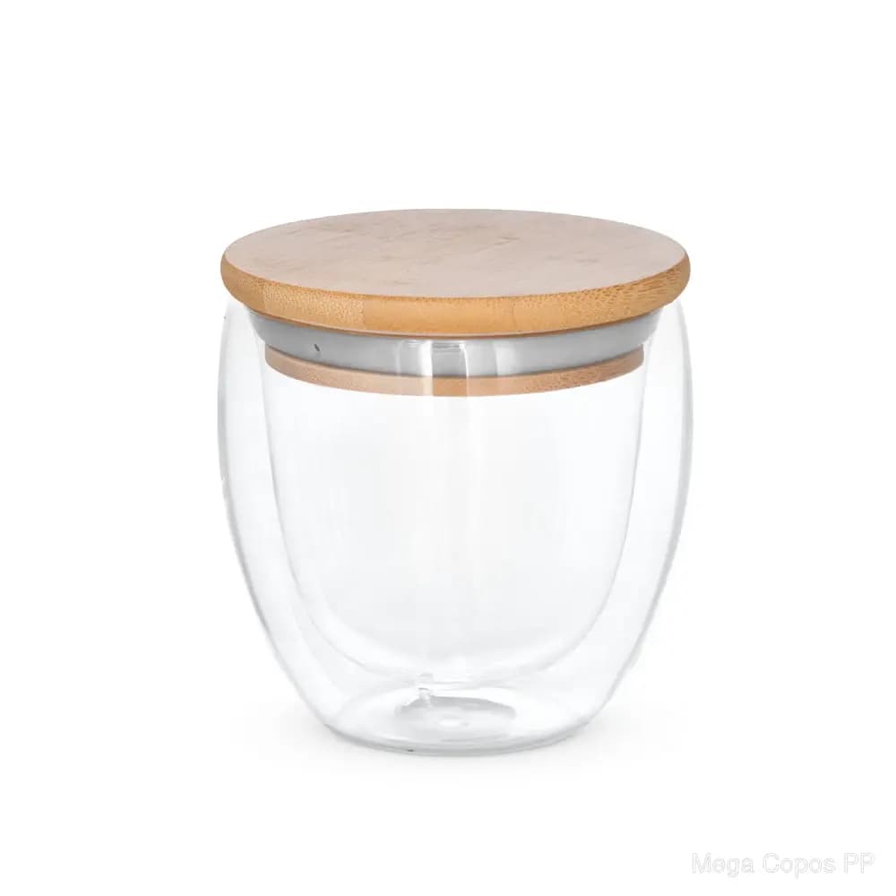 Copo em vidro isotérmico (borossilicato), térmico com parede dupla isolada a ar e tampa de bambu 250 mL | Mega Copos PP